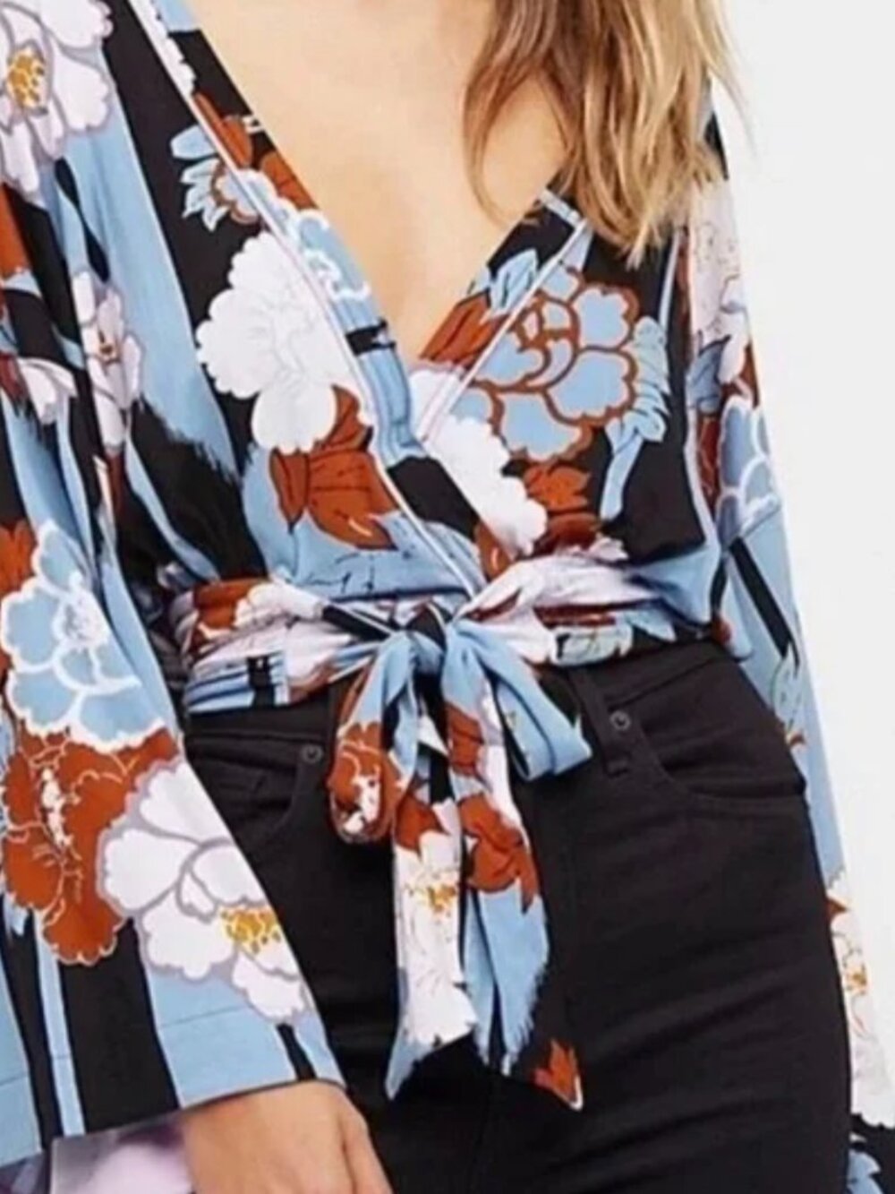 Free People‎ Floral Boho Festival Tie Front Kimono Blouse Top Women's XS Blue